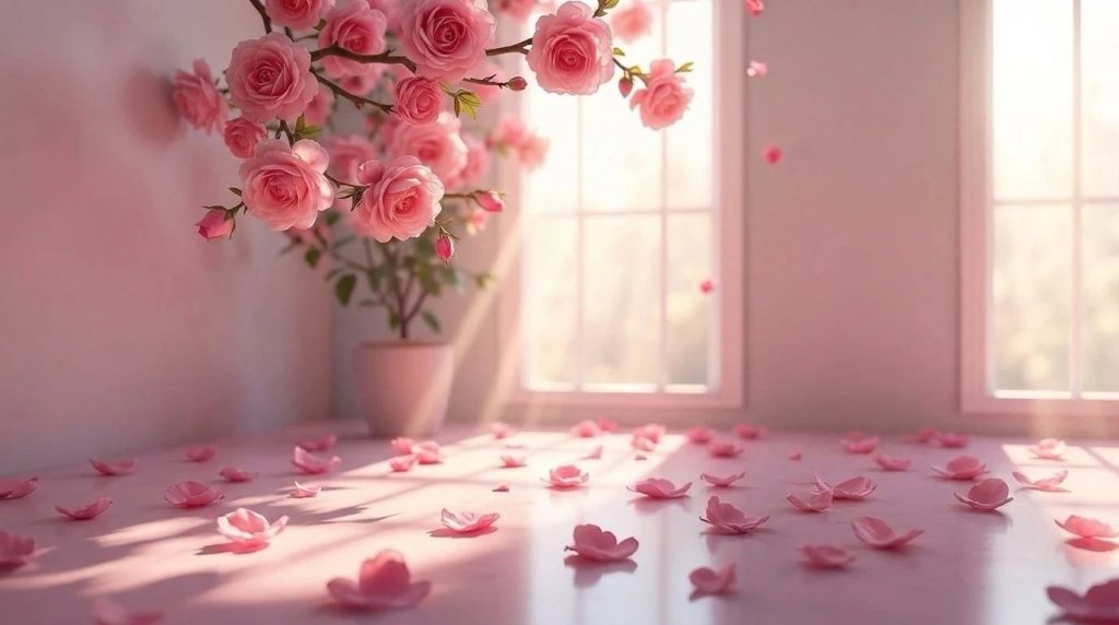 A sunlit room with pink roses and petals on the floor